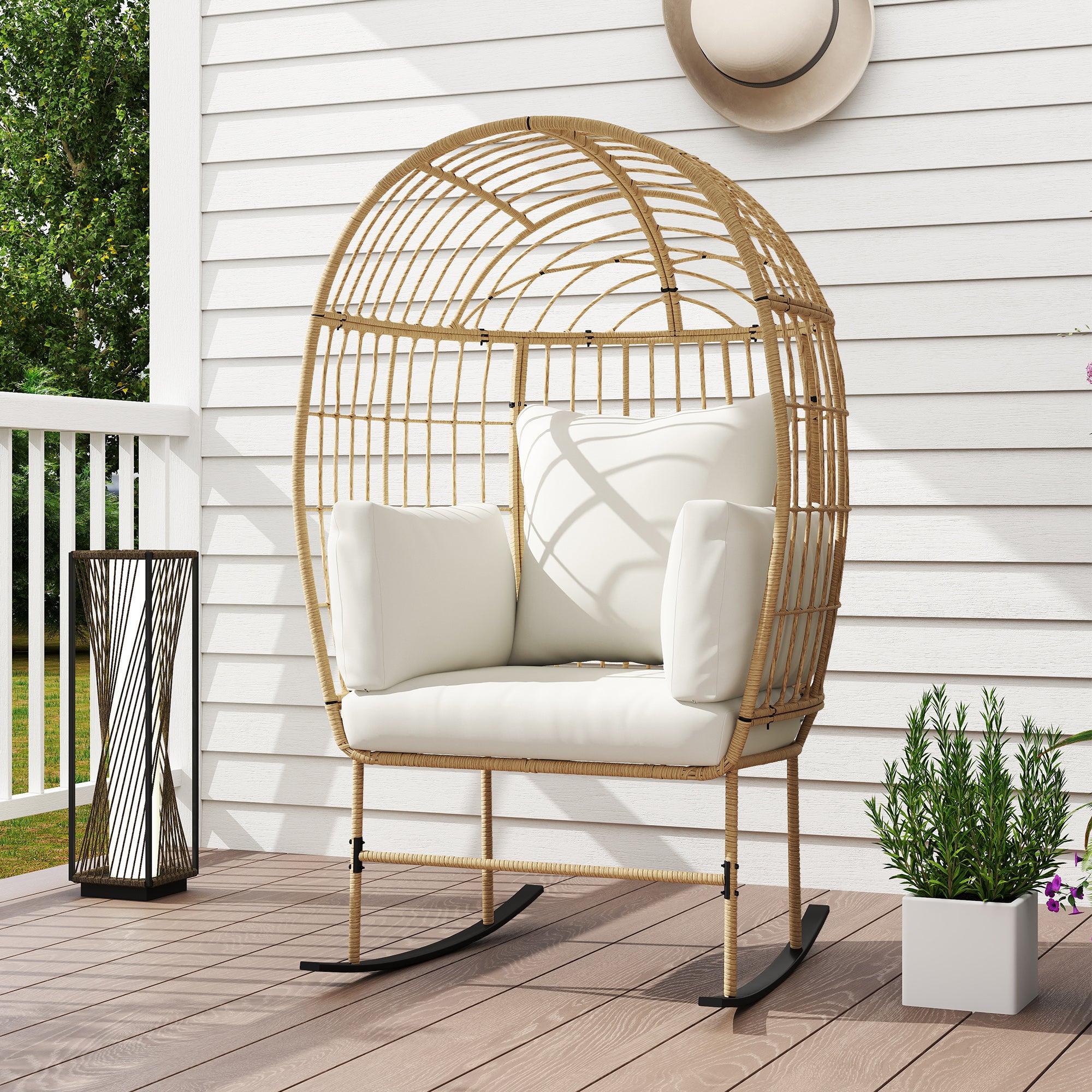 Outsunny Oversized Rocking Chair, Indoor Outdoor Egg Chair w/ Thickened Cushions, Wicker Patio Lounger for Porch, Balcony, Beige