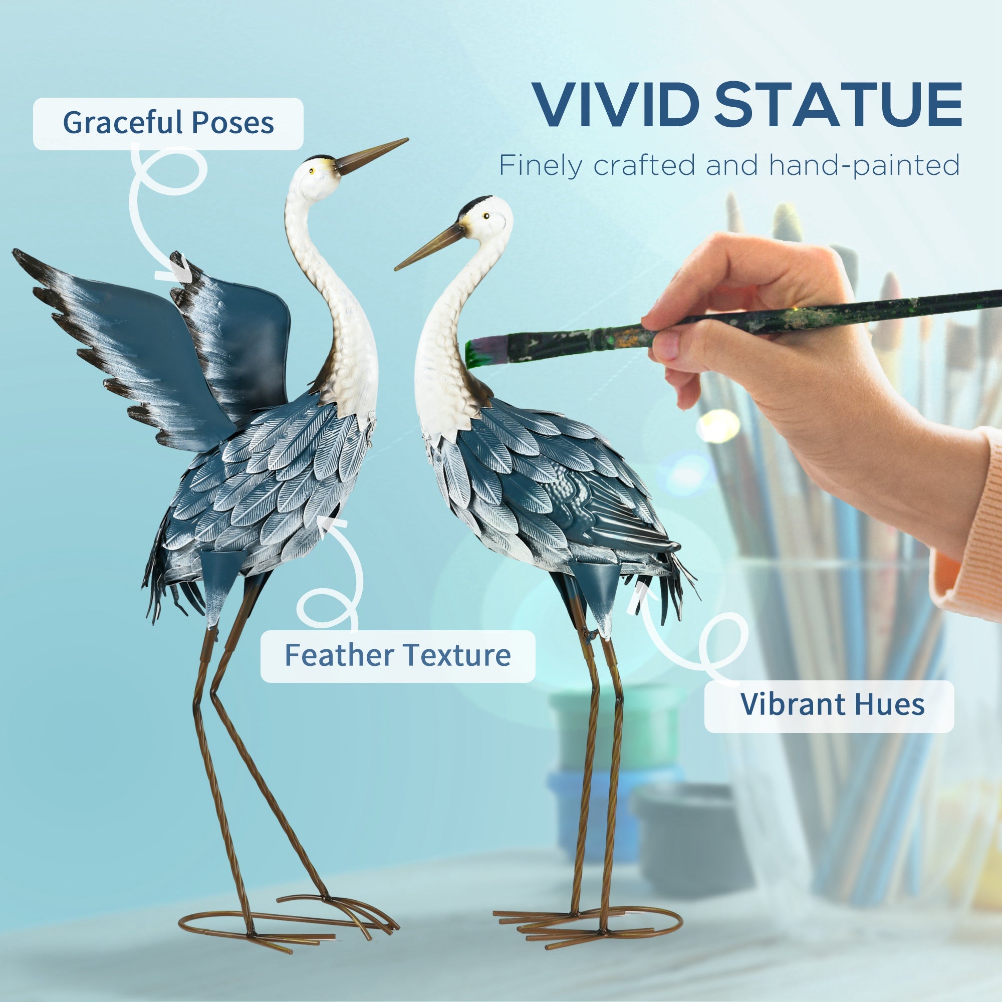 Outsunny Set of 2 Garden Sculptures, Heron Garden Statues for Lawn, Patio, Backyard Decoration, 29" & 27.5", Blue