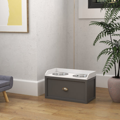 PawHut Large Elevated Dog Bowls with Storage Drawer, Raised Pet Feeding Station with 2 Stainless Steel Bowls, Grey
