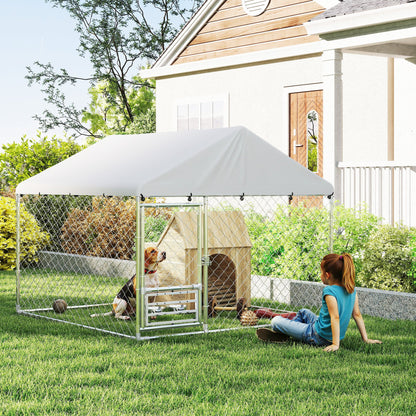 PawHut Outdoor Dog Run w/ Adjustable & Rotating Bowls, Waterproof UV-Resistant Cover, Secure Lock, 6.6' x 6.6' x 5.1'