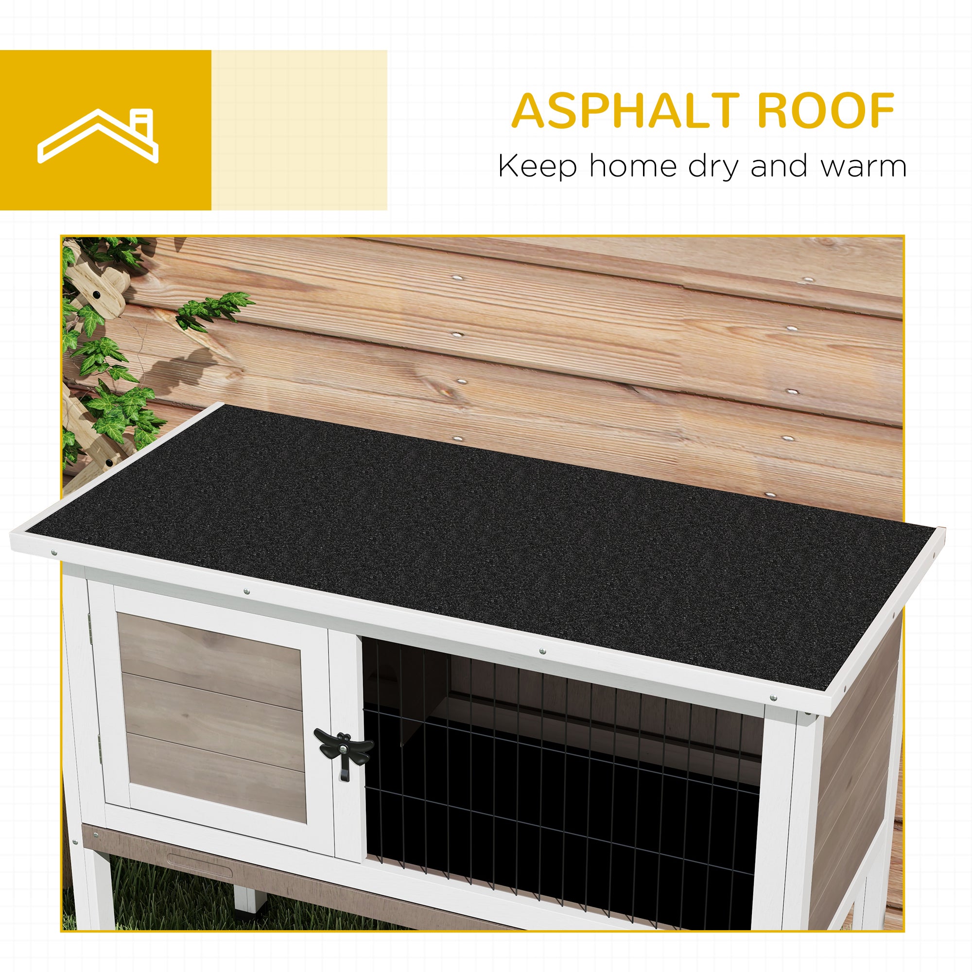 PawHut Wooden Rabbit Hutch with Openable Asphalt Roof, Tray, Brown