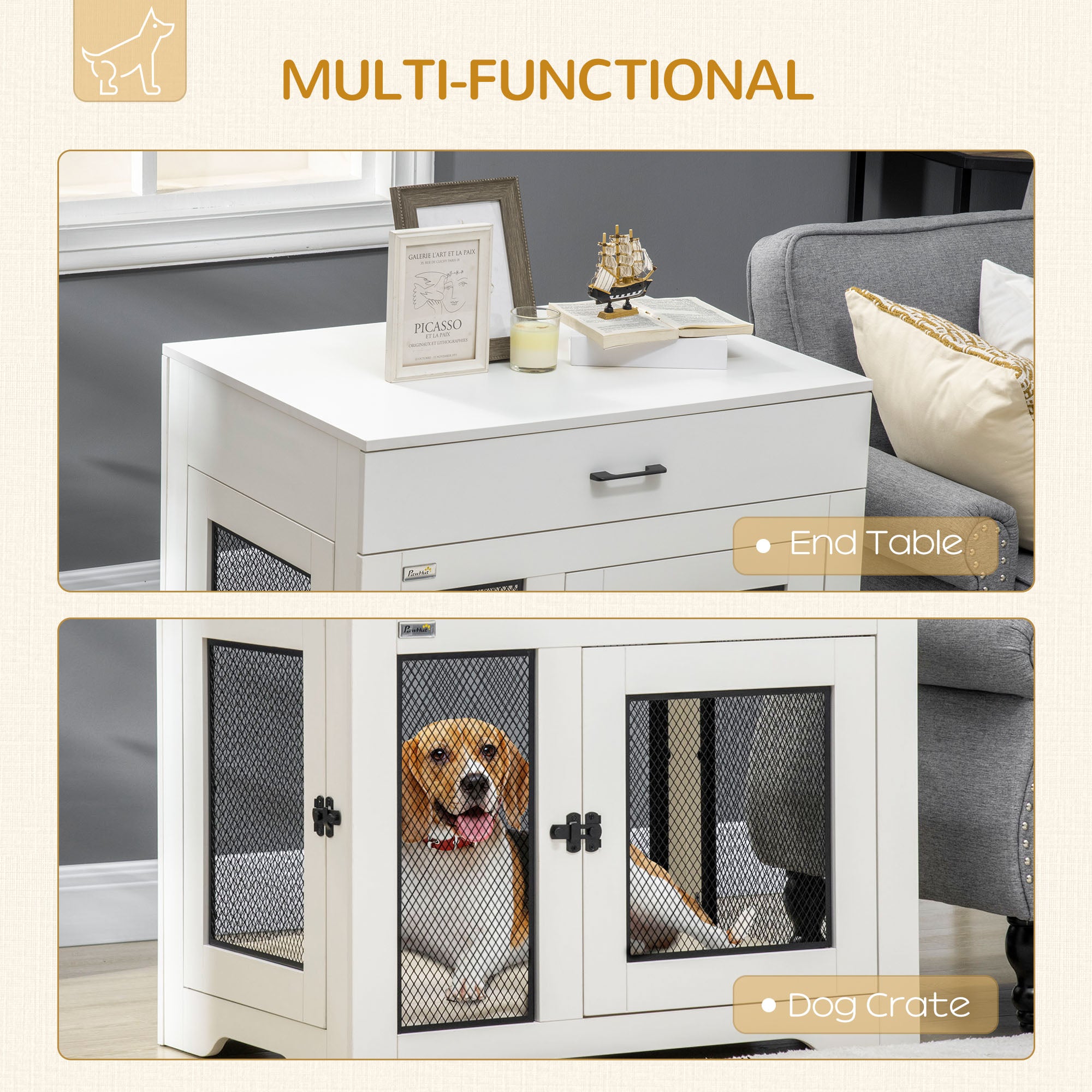 PawHut Dog Crate Furniture with Cushion, 2 Doors, Storage, Dog Kennel End Table for Small Medium Dogs, White