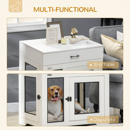 PawHut Dog Crate Furniture with Cushion, 2 Doors, Storage, Dog Kennel End Table for Small Medium Dogs, White