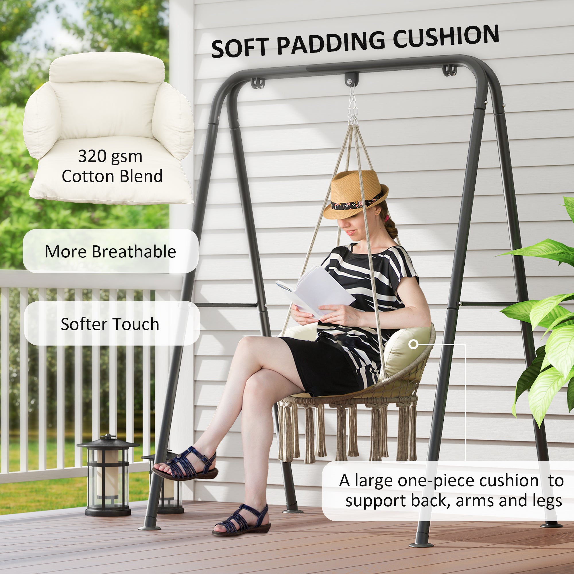 Outsunny Boho Hammock Chair Swing Hanging Chair with Cushion, Chain, Steel Frame for Indoor Outdoor Bedroom Patio Balcony, Cream