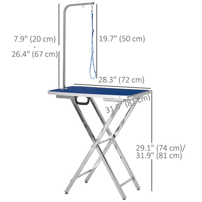 PawHut 28" Foldable Dog Grooming Table with Adjustable Arm, Non-Slip Surface for Medium Small Dogs, Cats, Blue