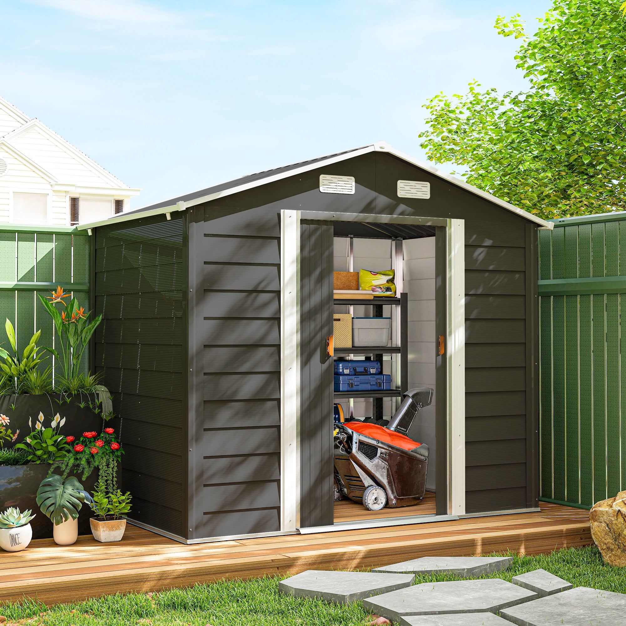 Outsunny 7.7' x 6.5' Outdoor Metal Garden Shed House Hut Gardening Tool Storage with Ventilation, Dark Grey