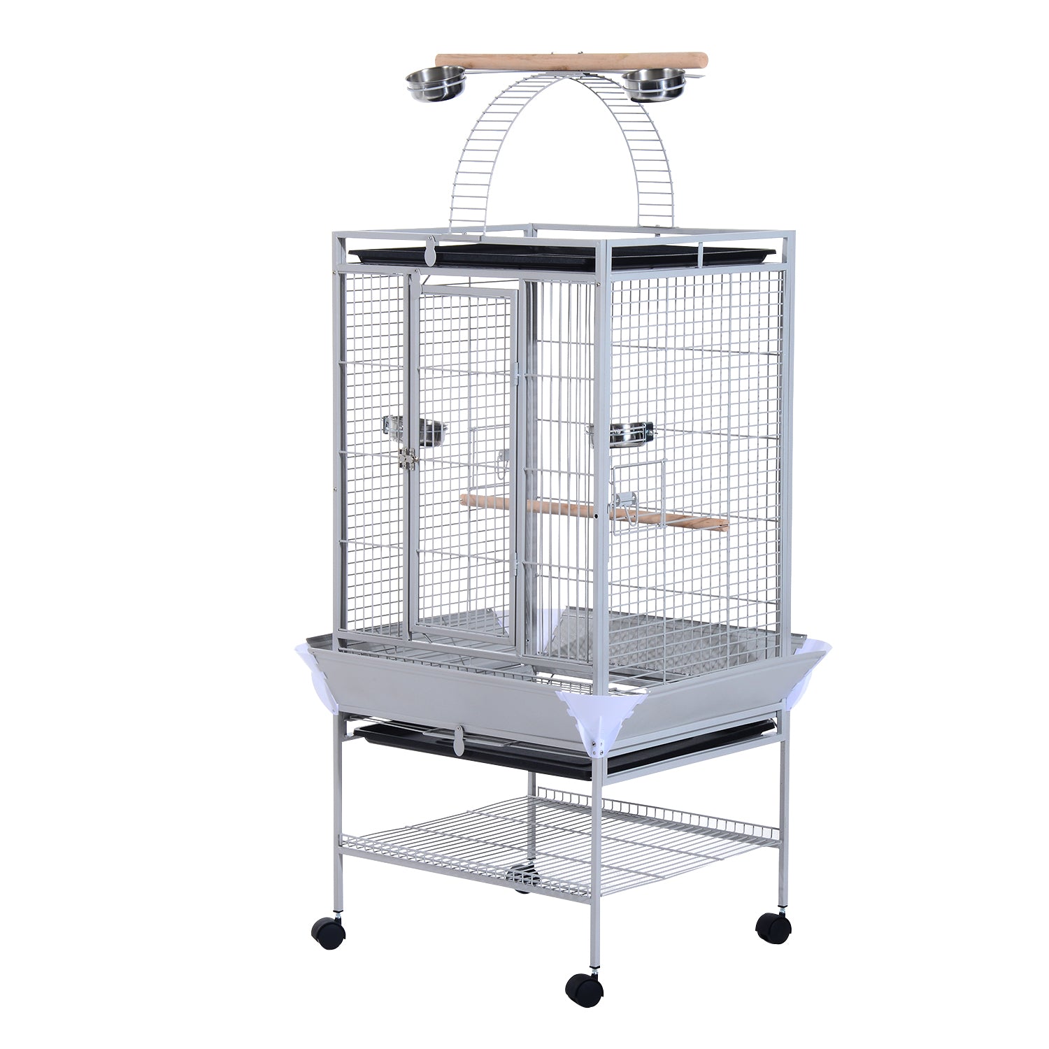PawHut 63" Large Bird Parrot Cage Stand Finch Feeder Play Top House Perch Bowl Wheels, Silver