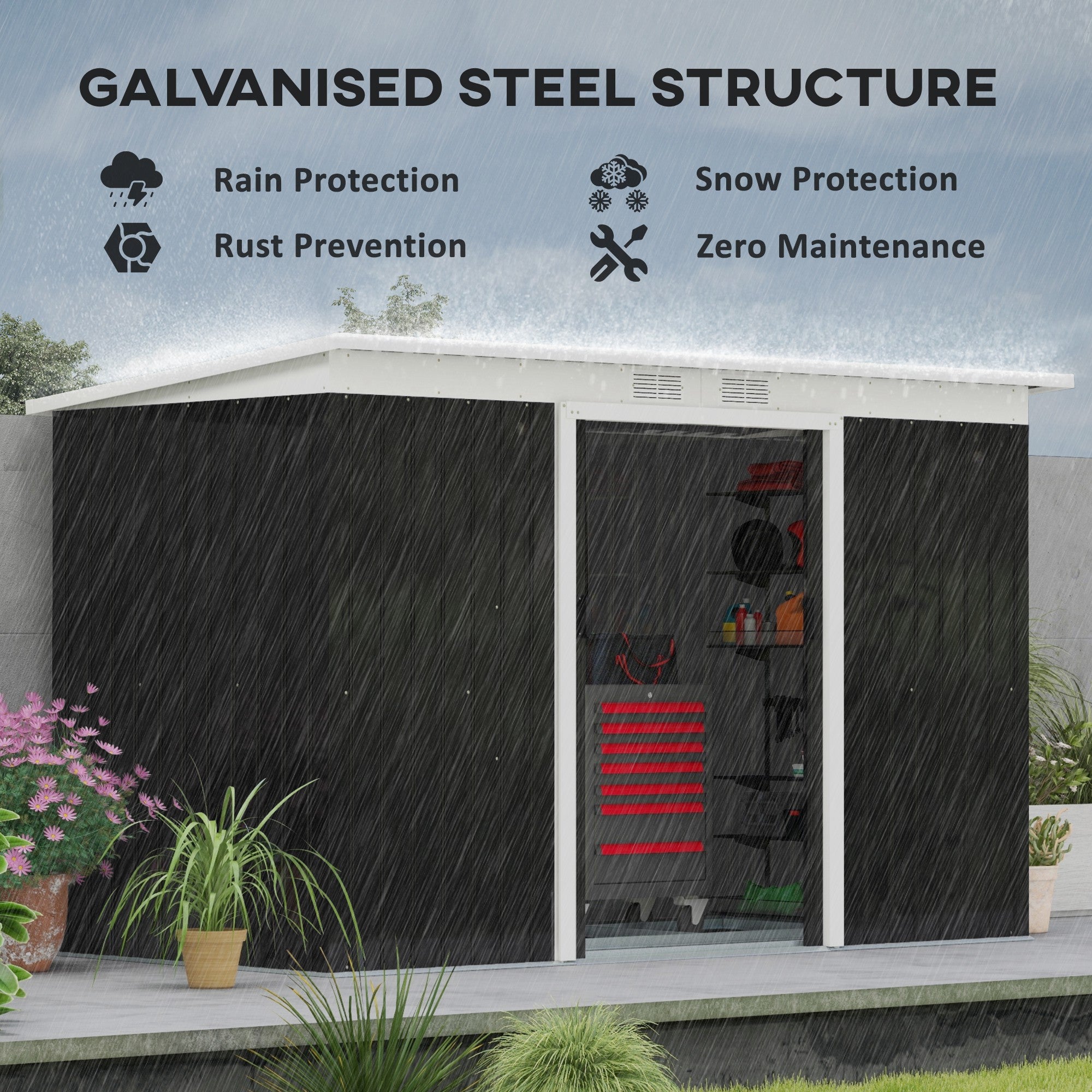 Outsunny 9' x 4' Garden Metal Storage Shed Outdoor Equipment Tool Box with Foundation Kit, Ventilation & Doors, Dark Grey