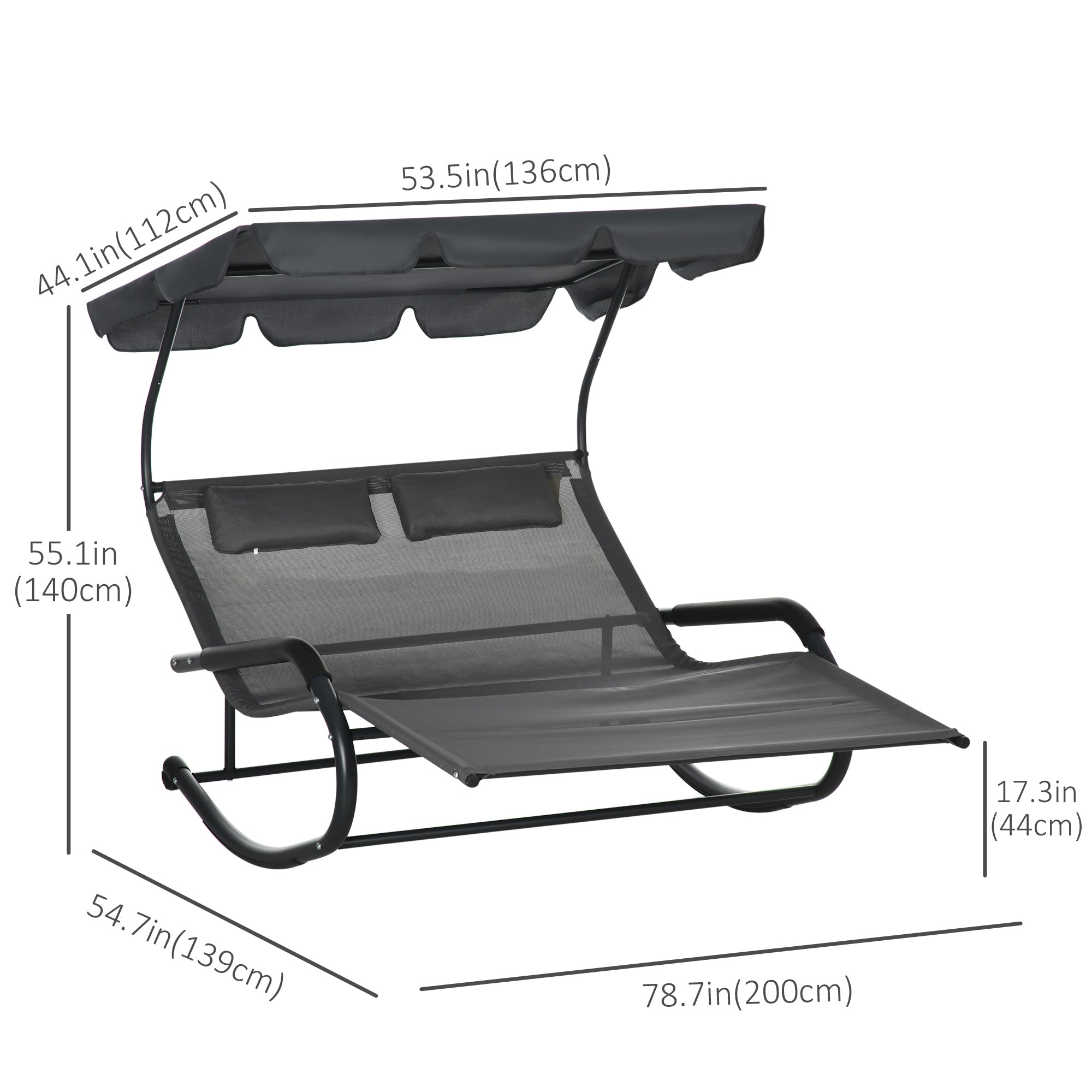 Outsunny Patio Outdoor Bed, Outdoor Chaise Sun Lounger for Two Person with Adjustable Canopy, Detachable Pillows, and Wheels for Sun Room, Garden, Poolside, Dark Gray