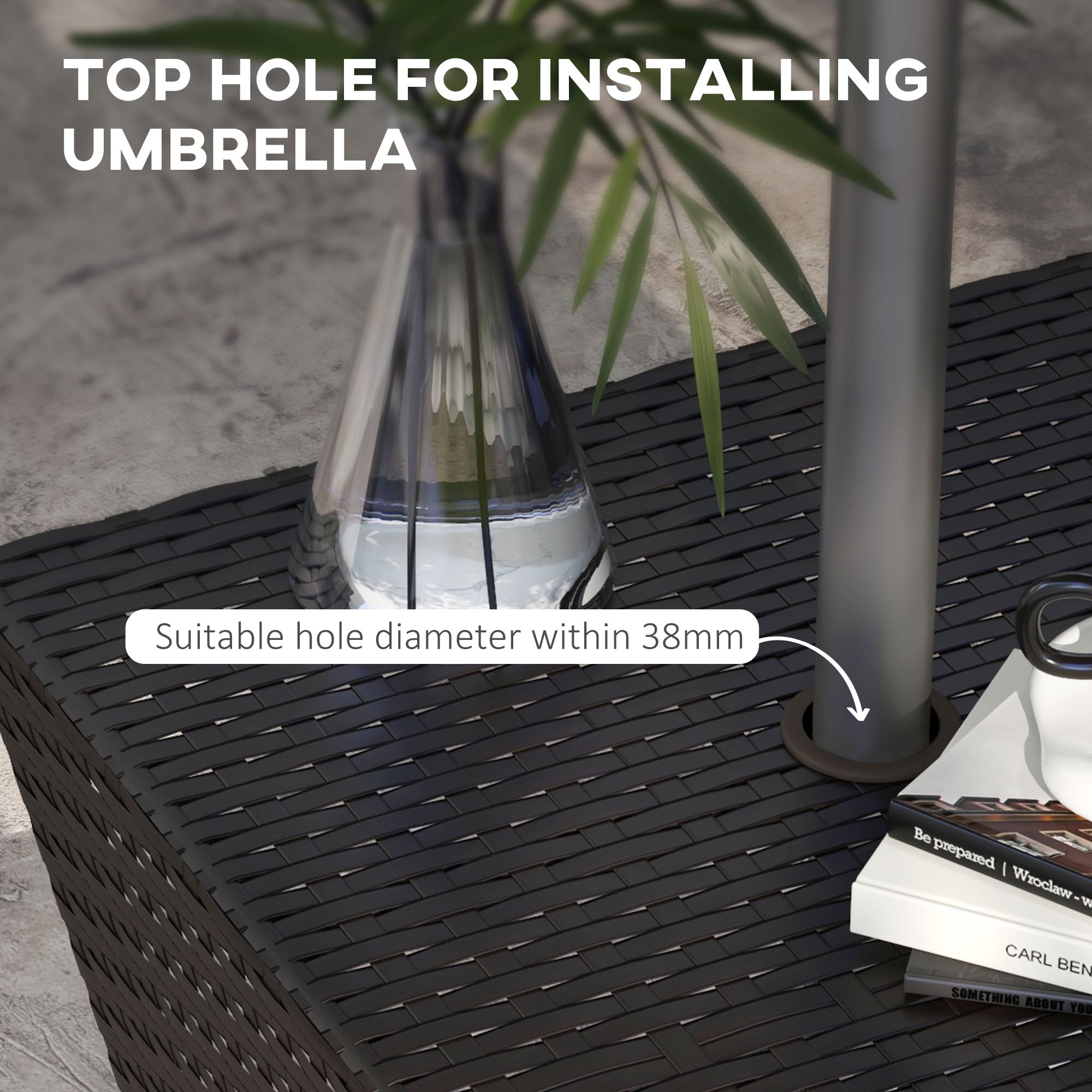 Outsunny Outdoor Patio Rattan Wicker Coffee Table Garden End Tea Table Bistro Side Table w/ Umbrella Hole, Dark Coffee