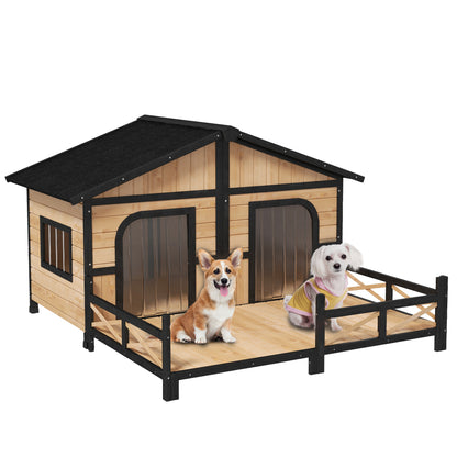 PawHut 59"x64"x39" Wood Dog House Outdoor Cabin-Style Elevated Pet Shelter with Porch Deck, Beige