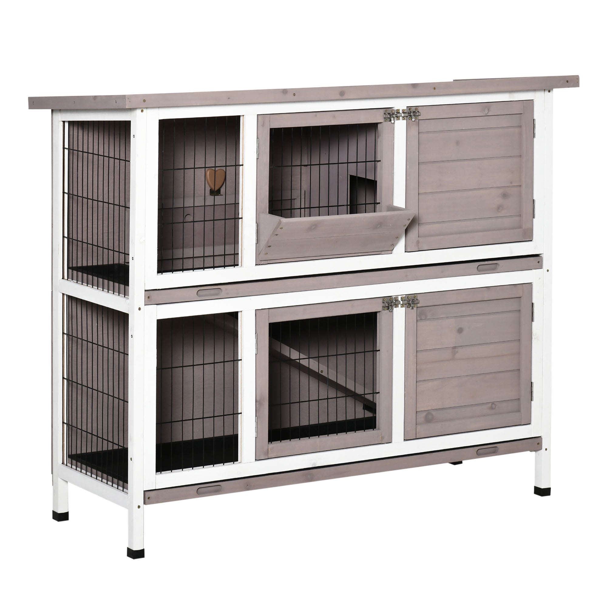 PawHut 2 Tier Rabbit Hutch with Feeding, Removable Tray, Ramp, Doors, Grey