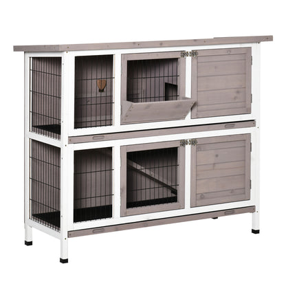 PawHut 2 Tier Rabbit Hutch with Feeding, Removable Tray, Ramp, Doors, Grey