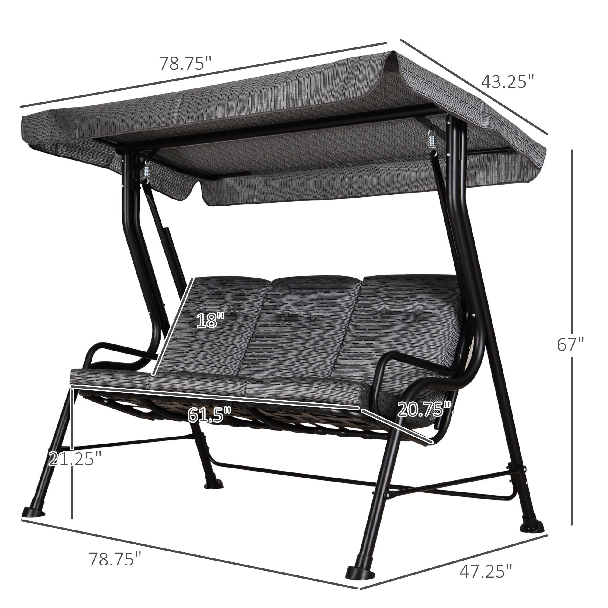 Outsunny 3-Person Porch Swing Chair, Patio Swing Bench with Adjustable Canopy, Removable Thicken Cushion and Weather Resistant Steel Frame for Outdoor, Garden, Poolside, Grey