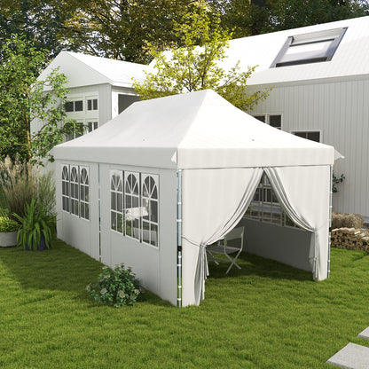 Outsunny 20x10 Pop Up Canopy with 6 Removable Sidewall, Carry Bag and 6 Sand Bags, Height Adjustable Instant Sun Shelter, White