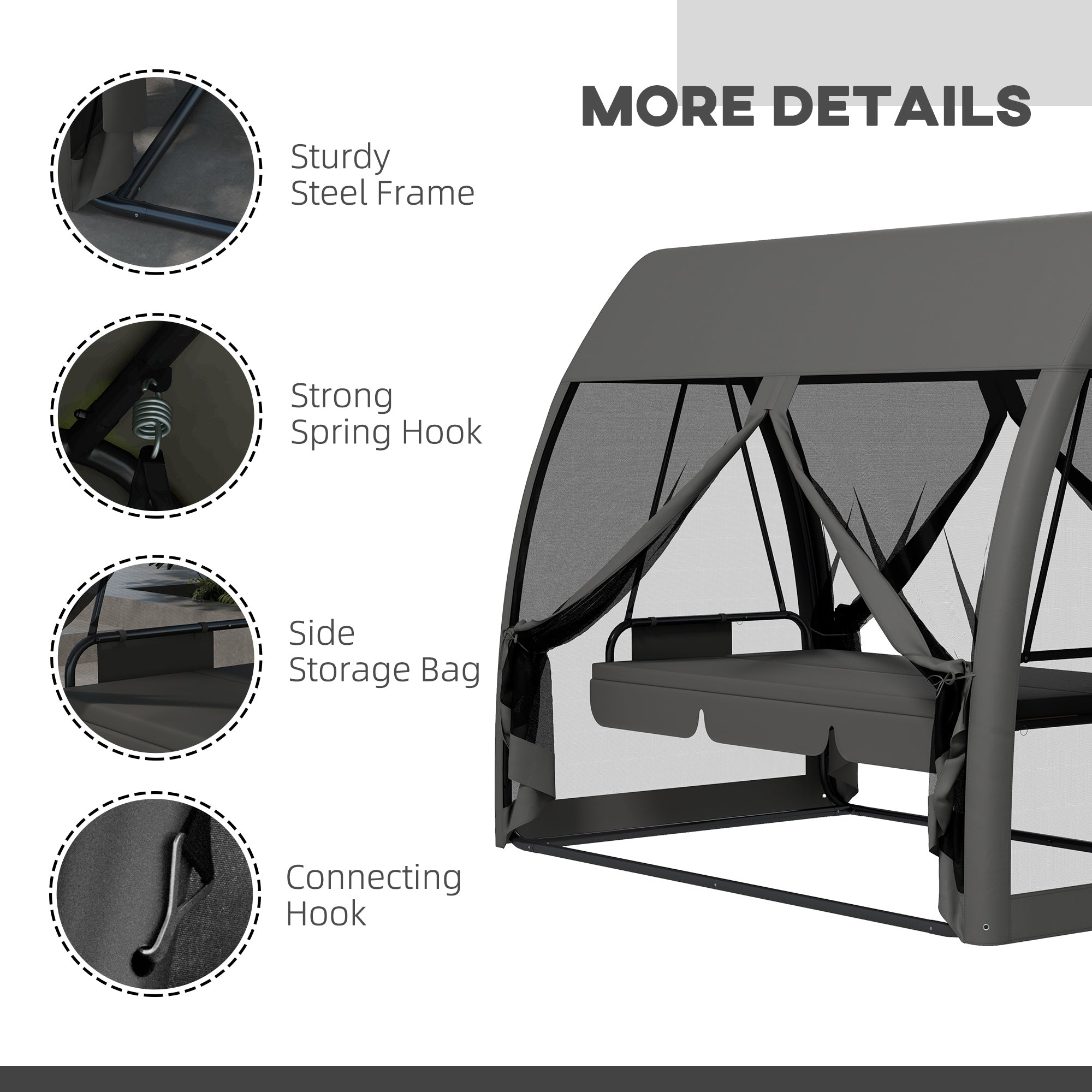 Outsunny 3-Seater Outdoor Swing Chair Chaise Lounger Bed Garden Hammock with Steel Stand, Canopy Netting Walls, Dark Grey