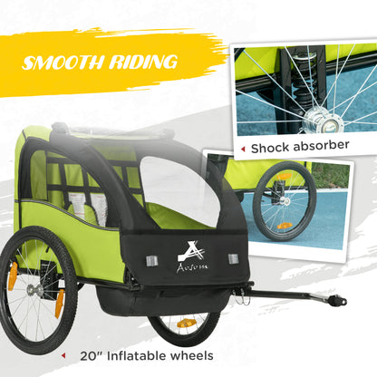 Aosom 2 Seat Bike Trailer for Kids, Baby Stroller with Storage Bag, 5 Point Harness, Bicycle Trailer with 20" Wheels, Green