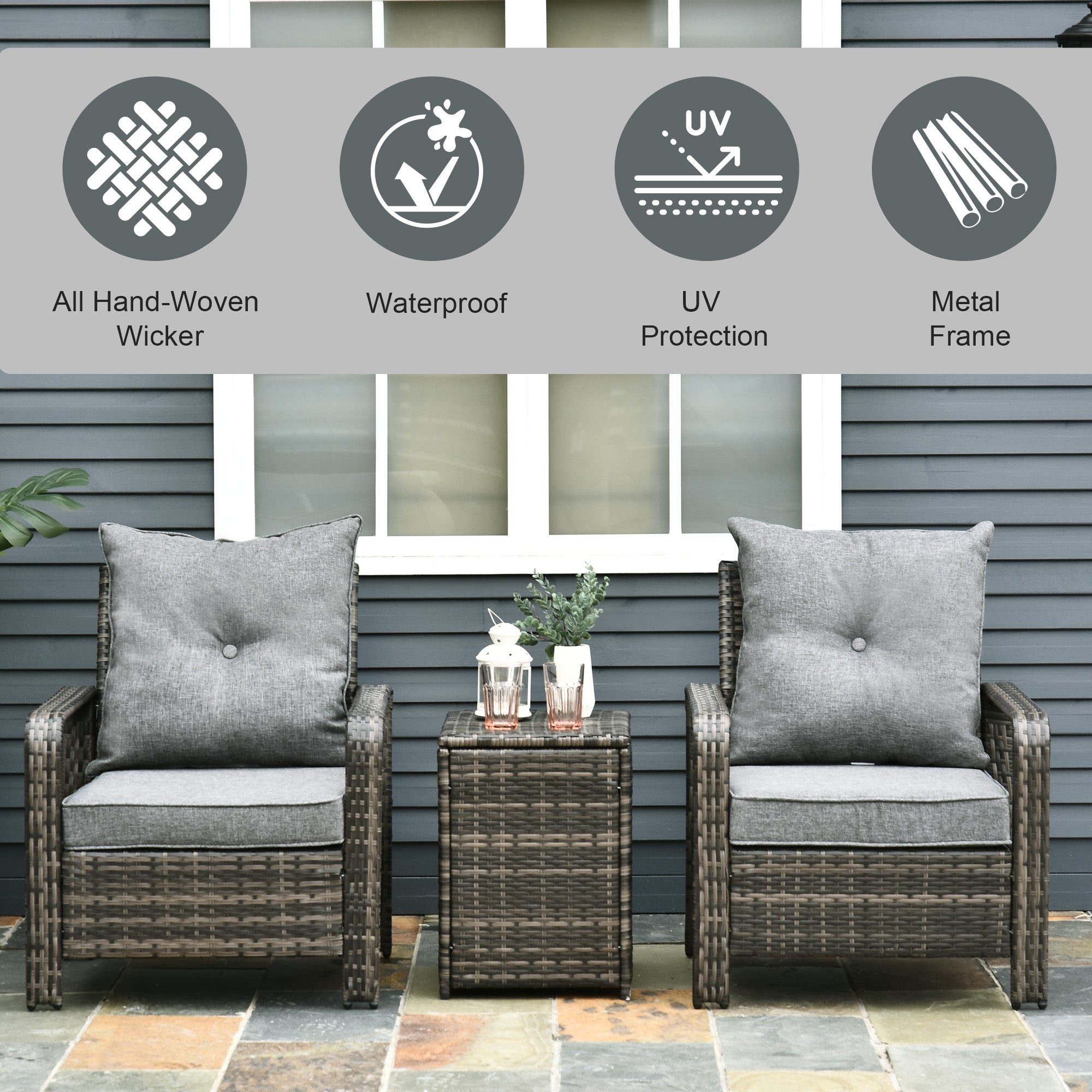 Outsunny 3 Pieces Wicker Patio Furniture Set, Rattan Bistro Set with Storage Coffee Table and Thickened Cushions, Outdoor Conversation Set for Garden, Porch, Balcony, Grey