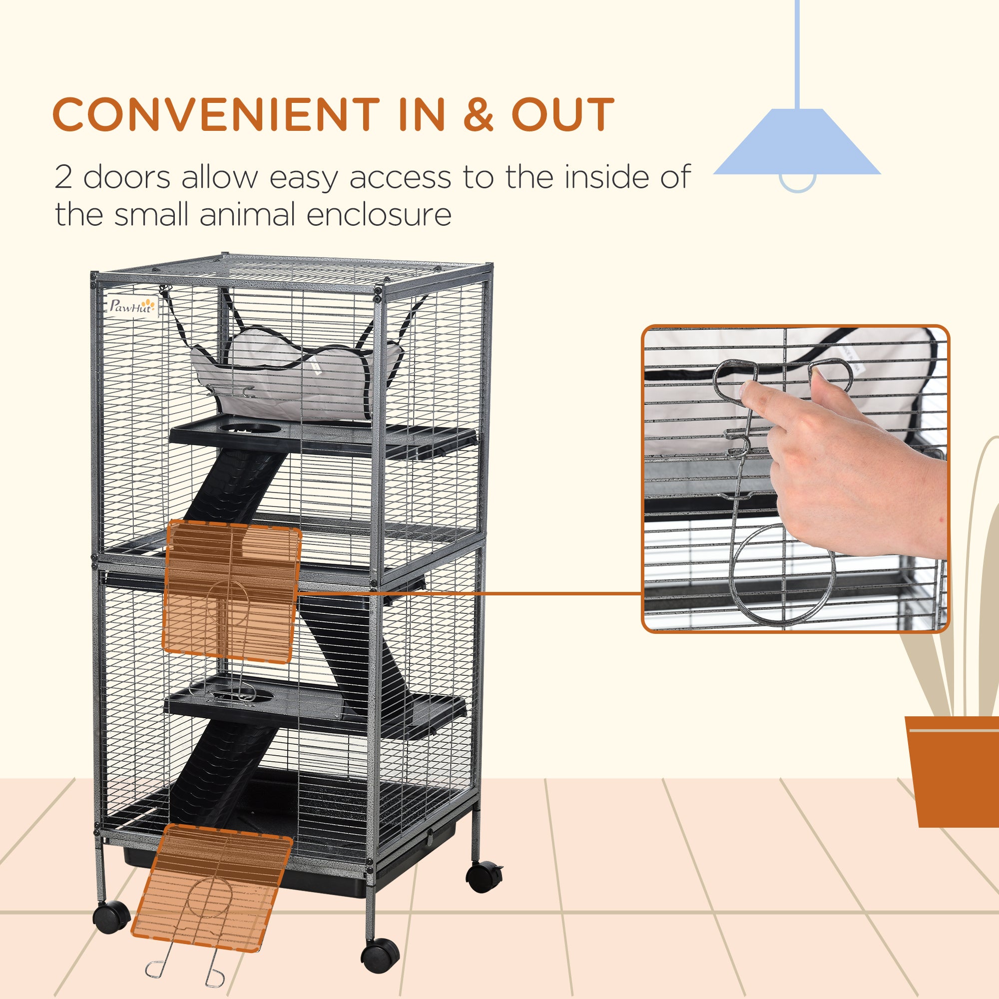 PawHut 4-Tier Rolling Small Animal Cage, Deluxe Guinea Pig Cage, Ferret Cage for Mink Chinchilla Kitten Rabbit