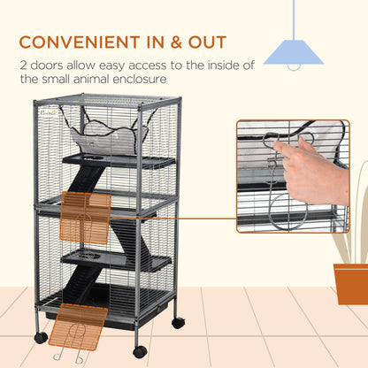 PawHut 4-Tier Rolling Small Animal Cage, Deluxe Guinea Pig Cage, Ferret Cage for Mink Chinchilla Kitten Rabbit
