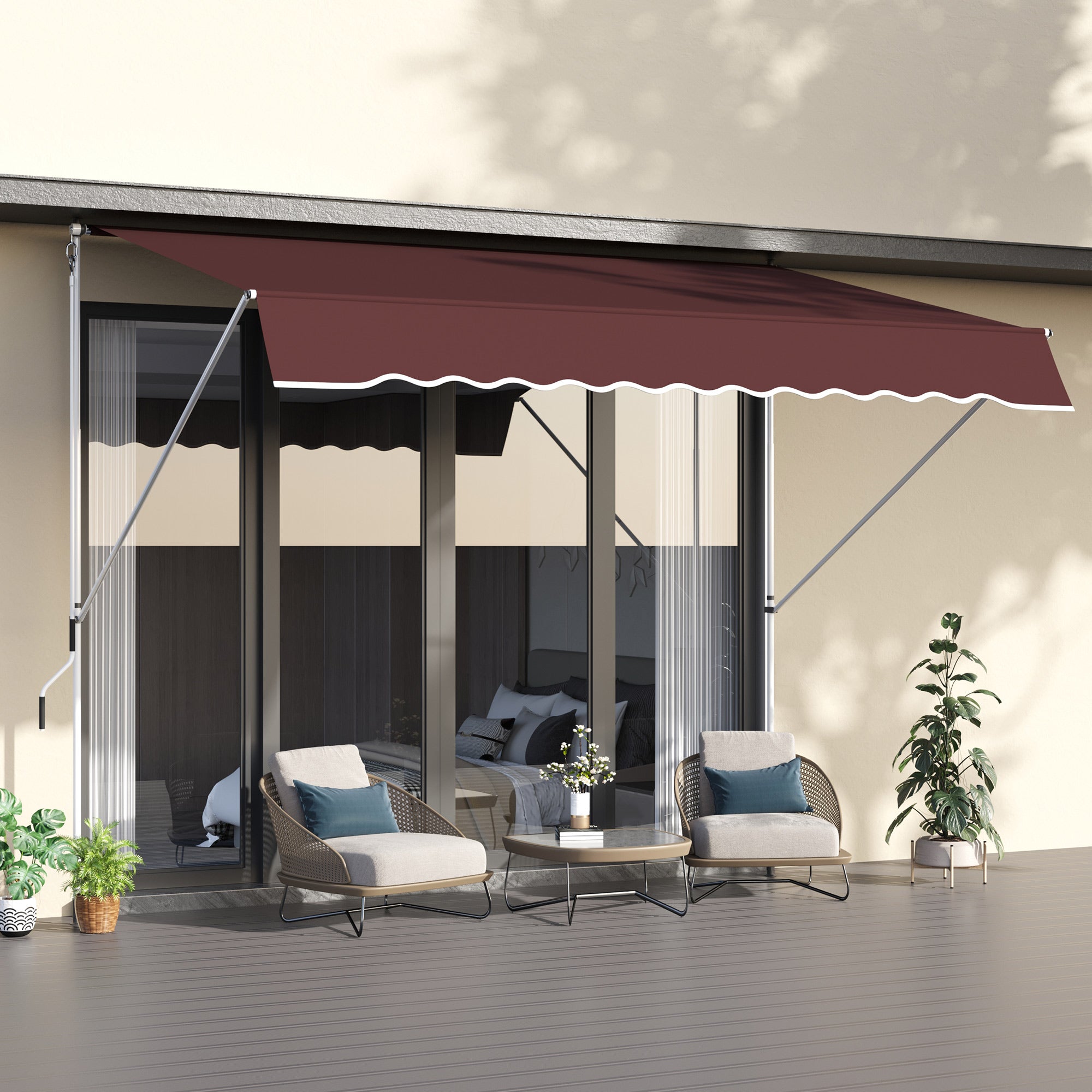 Outsunny 10x5ft Patio Sun Shade Canopy Manual Retractable Awning with 5.6-9.2ft Support Pole for Window, Door, Porch, Wine Red