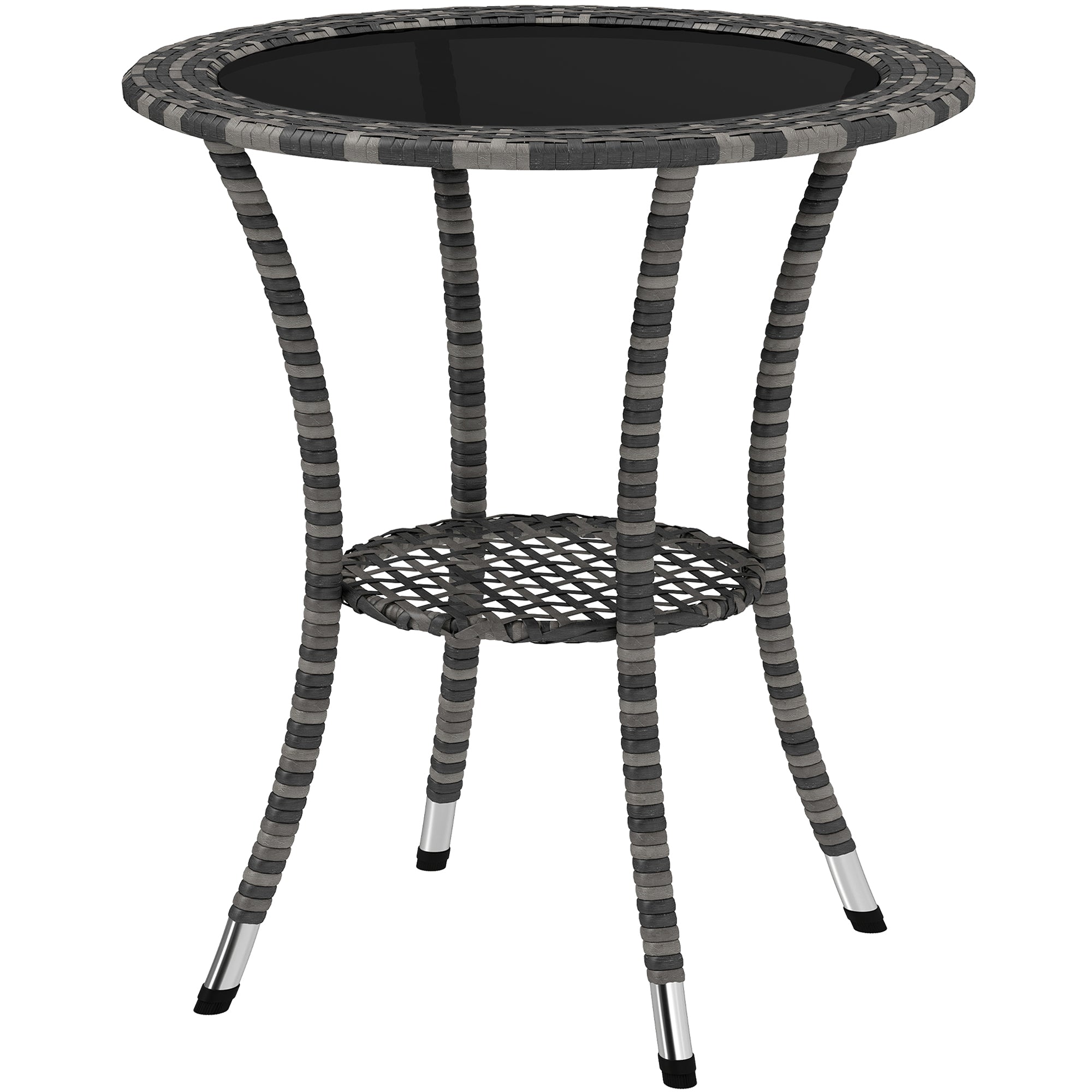 Outsunny Outdoor Rattan Dining Table, Patio Wicker Round Coffee Table with 2-Tier Storage Shelf, Mixed Grey