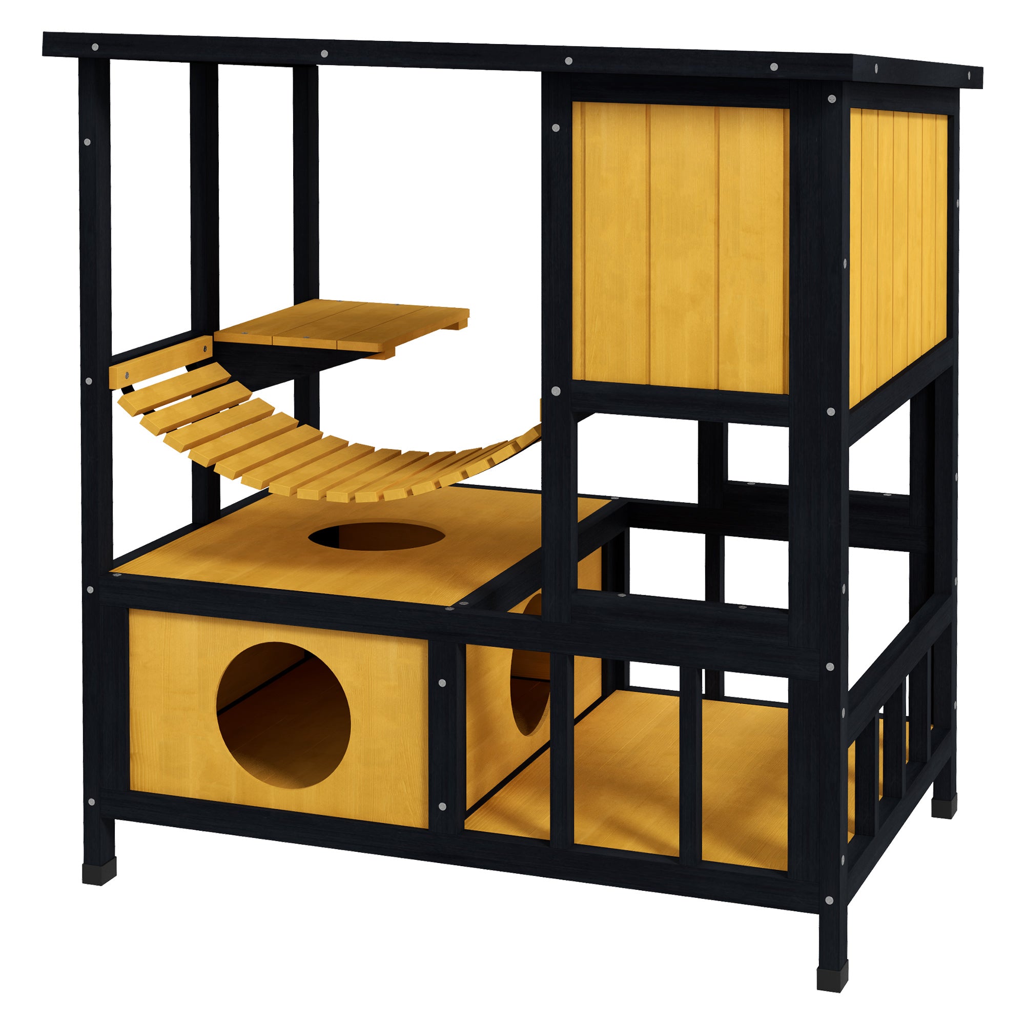 PawHut Outdoor Cat Enclosure for Patio with Suspension Bridge, Condos, Escape Doors, Jumping Platform, Water-Resistant Roof