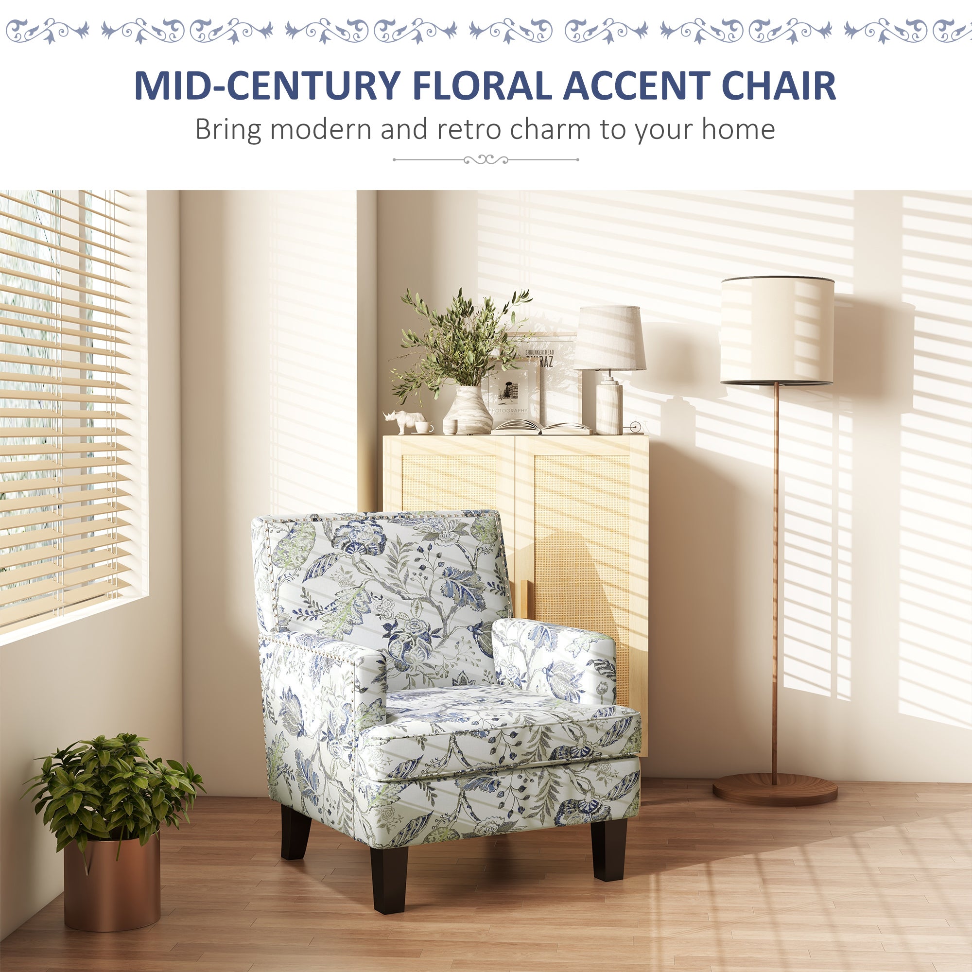 HOMCOM Upholstered Armchair, Mid-Century Accent Chair with Floral Pattern, Nailhead Trim for Living Room, Bedroom, Multicolour