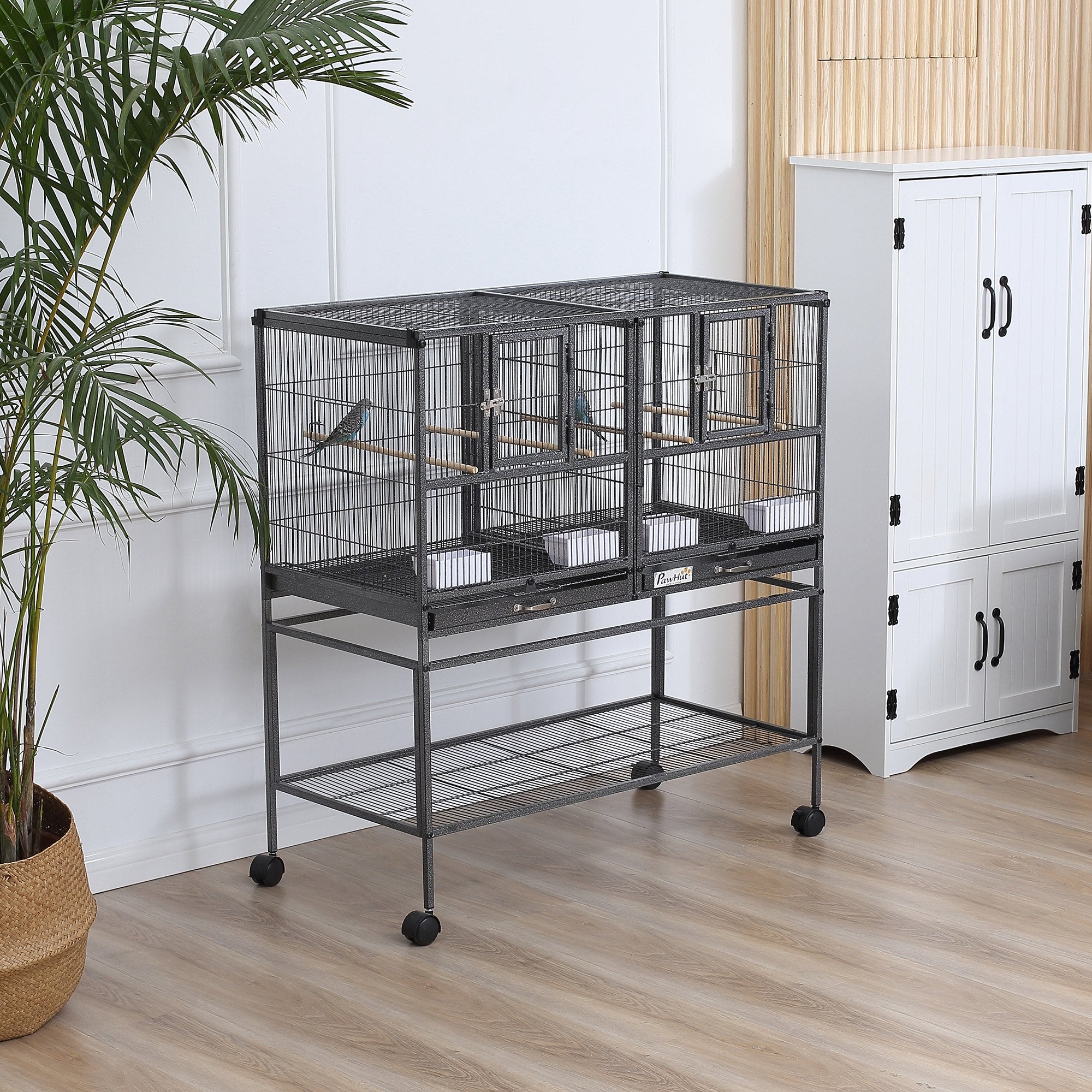 PawHut Large Double Rolling Metal Bird Cage Bird House w/ Removable Tray Storage Shelf