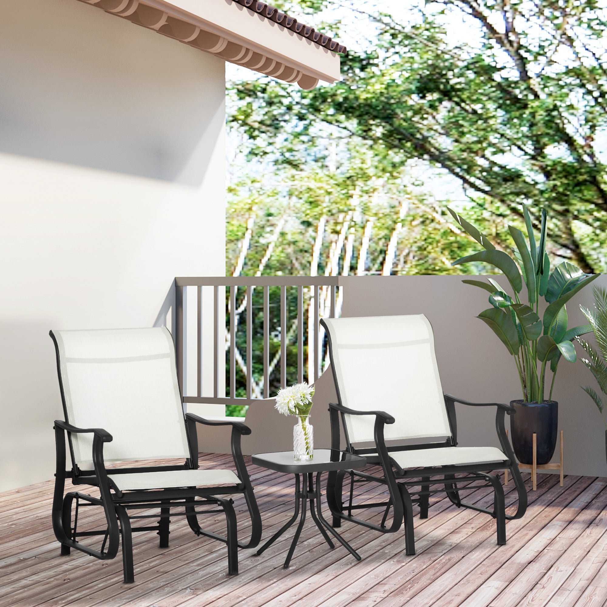 Outsunny 3PCs Gliding Rocking Chair & Bistro Tea Table Set, Cream White