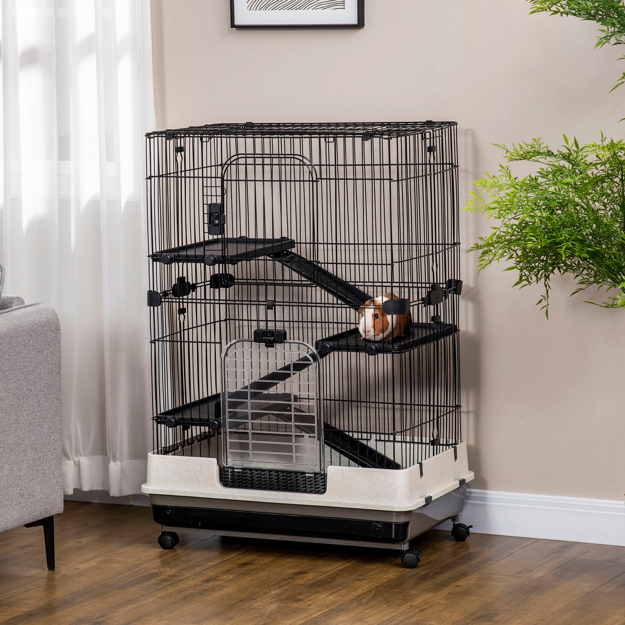 PawHut 45"H 4-Level Small Animal Cage Rabbit Hutch with Universal Lockable Wheels, Slide-out Tray for Bunny, Chinchillas, Ferret, Black