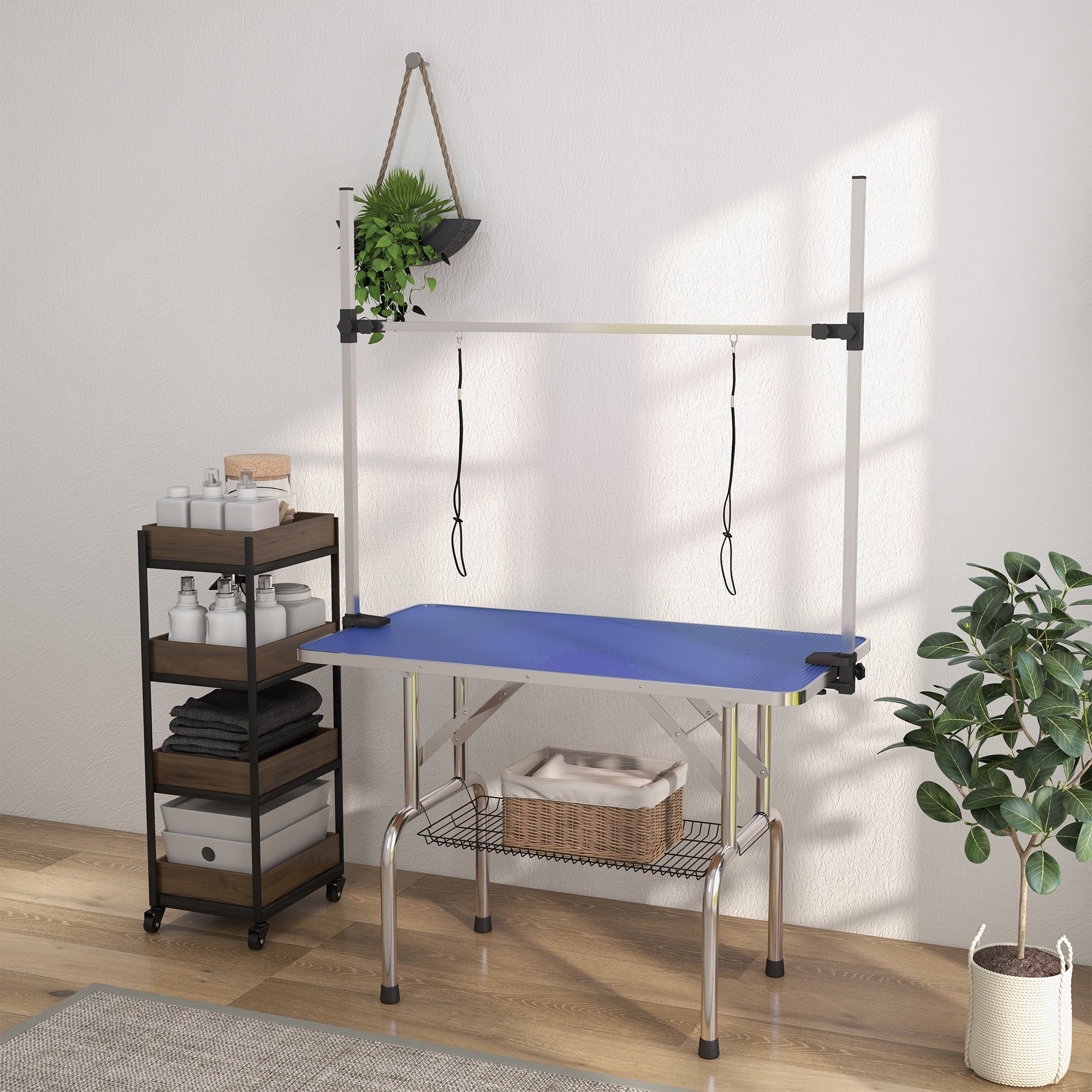 PawHut Adjustable Dog Grooming Table with 2 Safety Slings, Storage Basket, Blue
