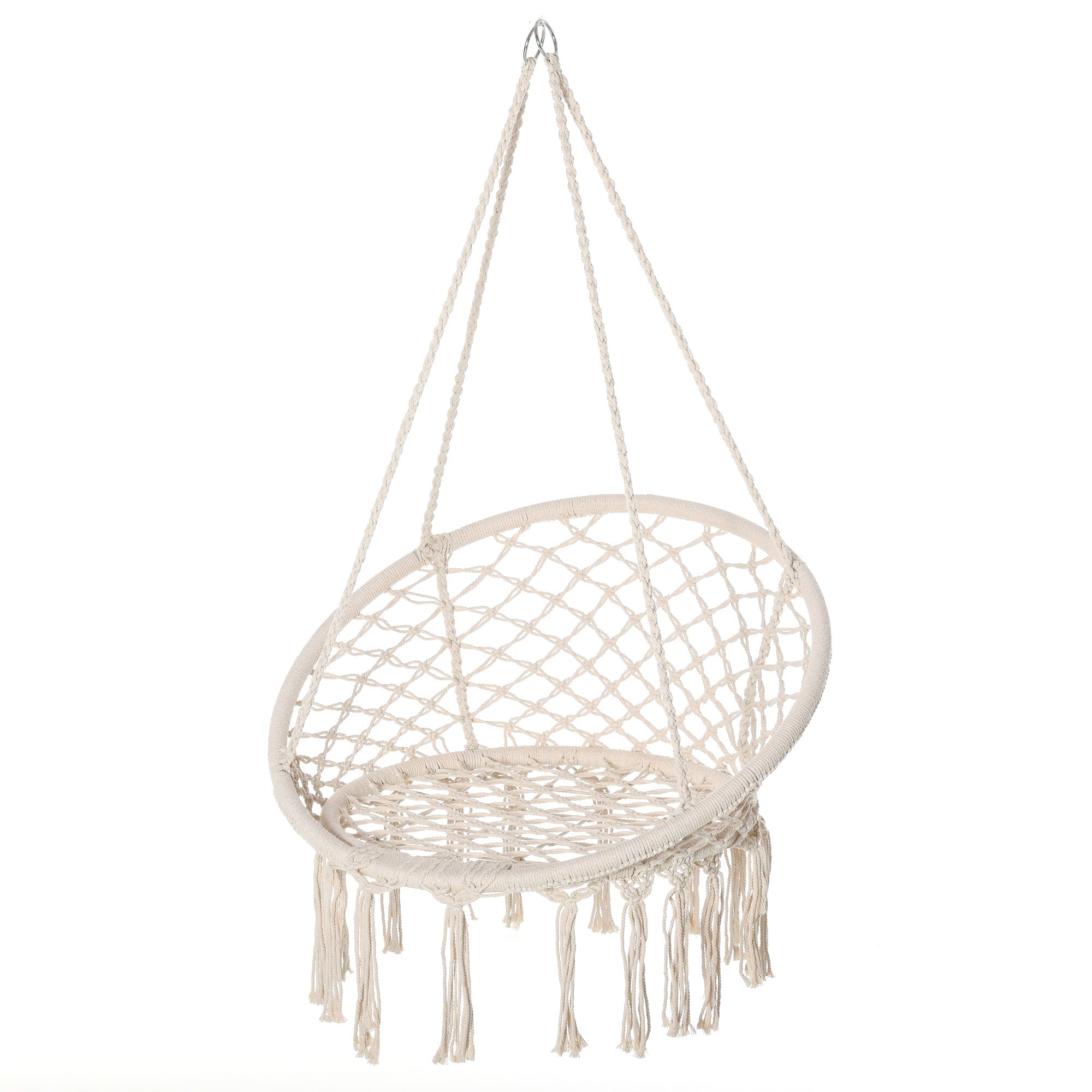 Outsunny Patio Hammock Chair, Hanging Rope Hammock Swing for Indoor & Outdoor Use with Backrest, Cotton-Polyester Blend, Fringe Tassels, Cream White