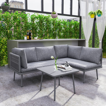 Outsunny 3 Pieces Outdoor Furniture Set, L Shaped Wicker Patio Furniture Conversation Set with Cushions, Steel Table, Grey