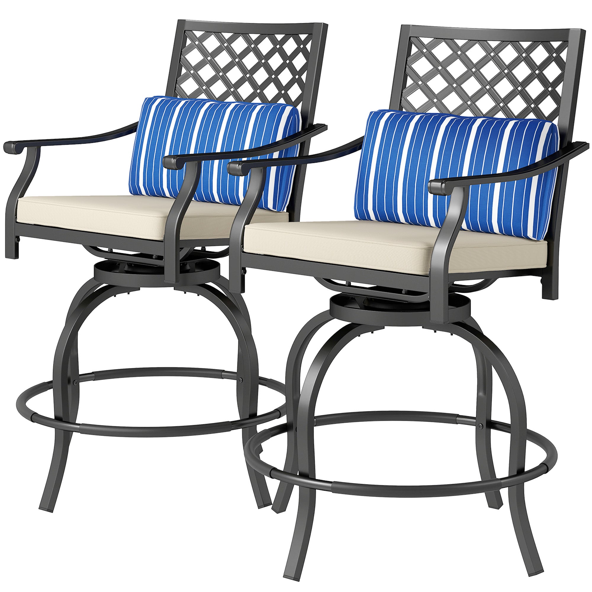 Outsunny Outdoor Bar Stools Set of 2, Bar Height Swivel Patio Chairs with Cushion, Pillow Footrest for Poolside, Backyard