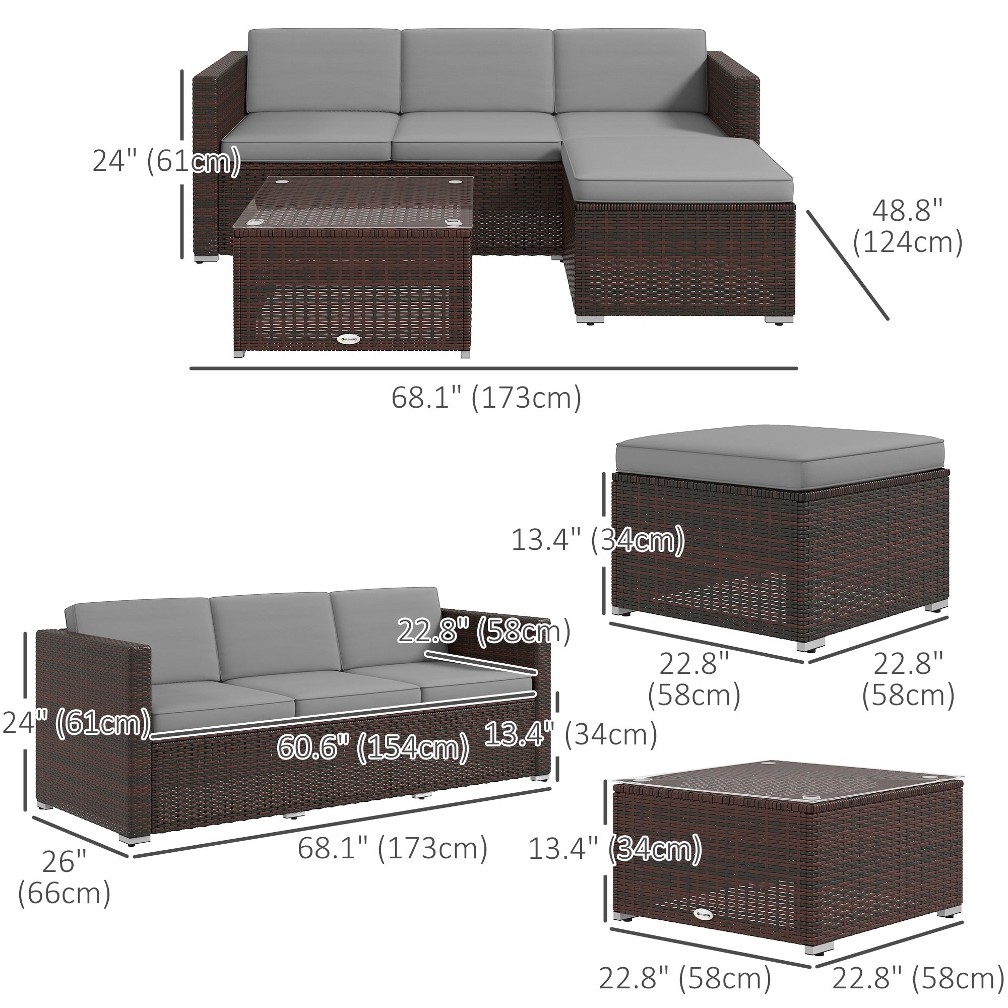 Outsunny Patio Furniture w/ Soft Cushions, Corner Sofa Sets, Grey