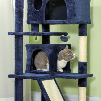 PawHut 54" Cat Tree, Multi-Level Cat Tower with Scratching Posts, Cat Condos, Bed, Platforms, Ramp, Toy Ball, Dark Blue