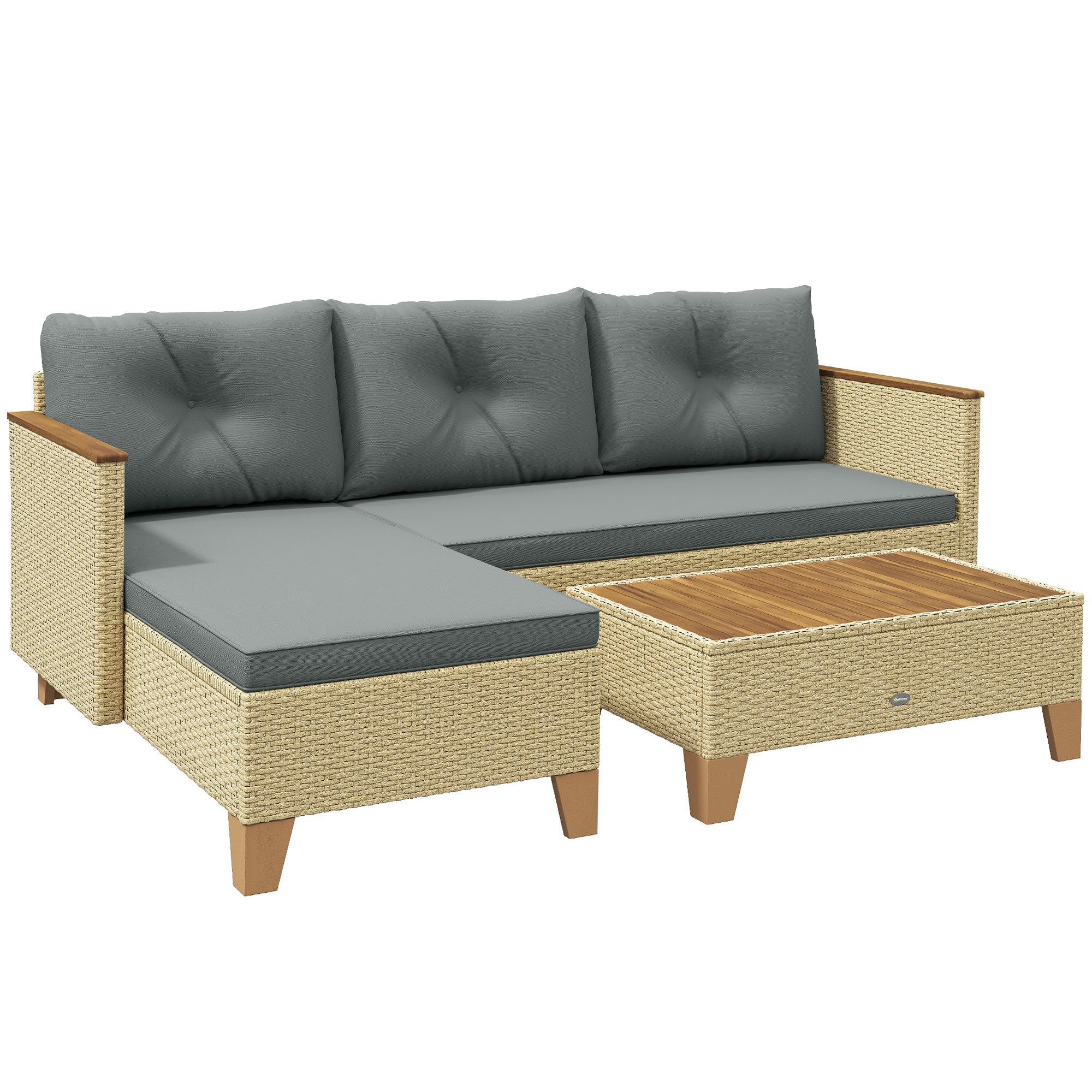 Outsunny 3 Piece Patio Furniture Set, L-Shaped Outdoor Furniture Conversation Set with Wood Top Coffee Table, Light Grey