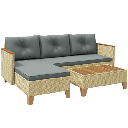 Outsunny 3 Piece Patio Furniture Set, L-Shaped Outdoor Furniture Conversation Set with Wood Top Coffee Table, Light Grey