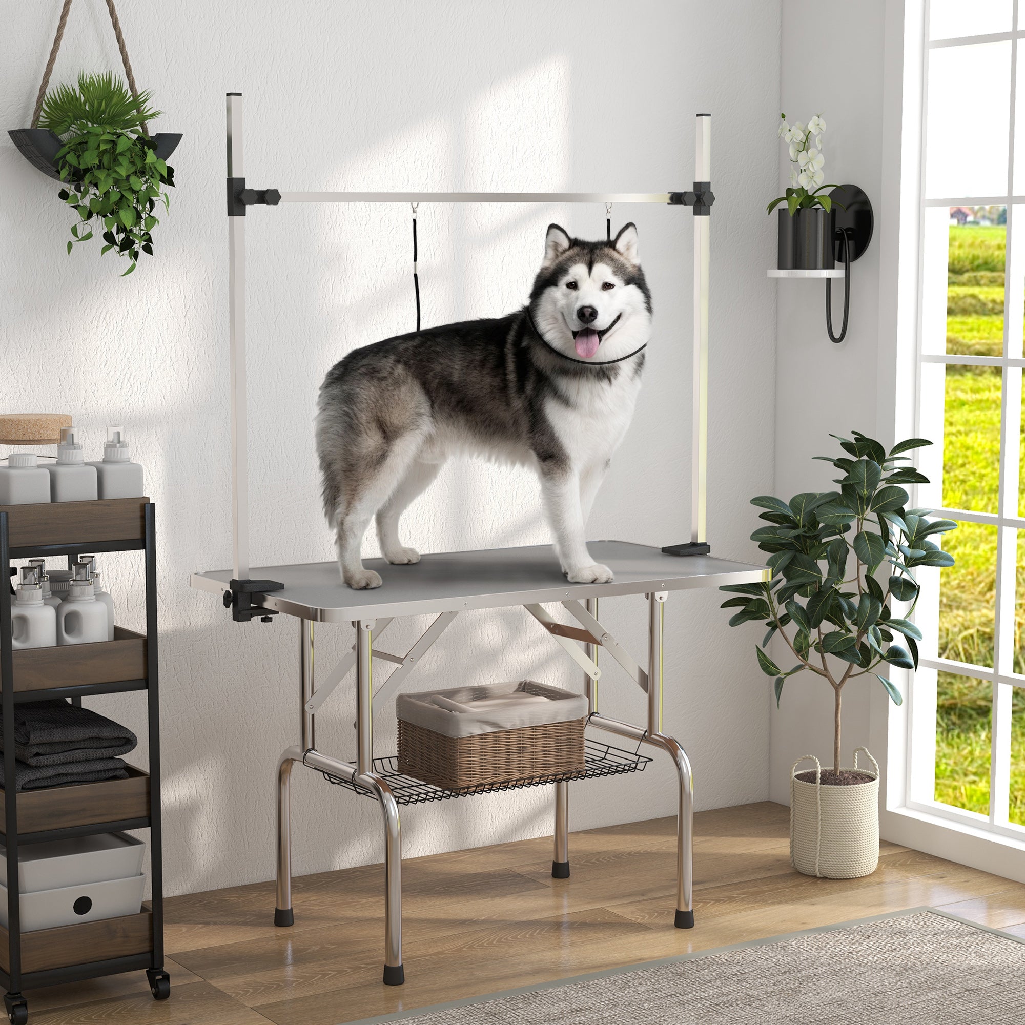 PawHut Adjustable Dog Grooming Table with 2 Safety Slings, Storage Basket, Grey