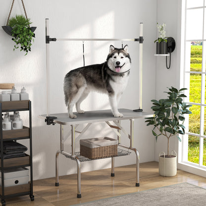 PawHut Adjustable Dog Grooming Table with 2 Safety Slings, Storage Basket, Grey