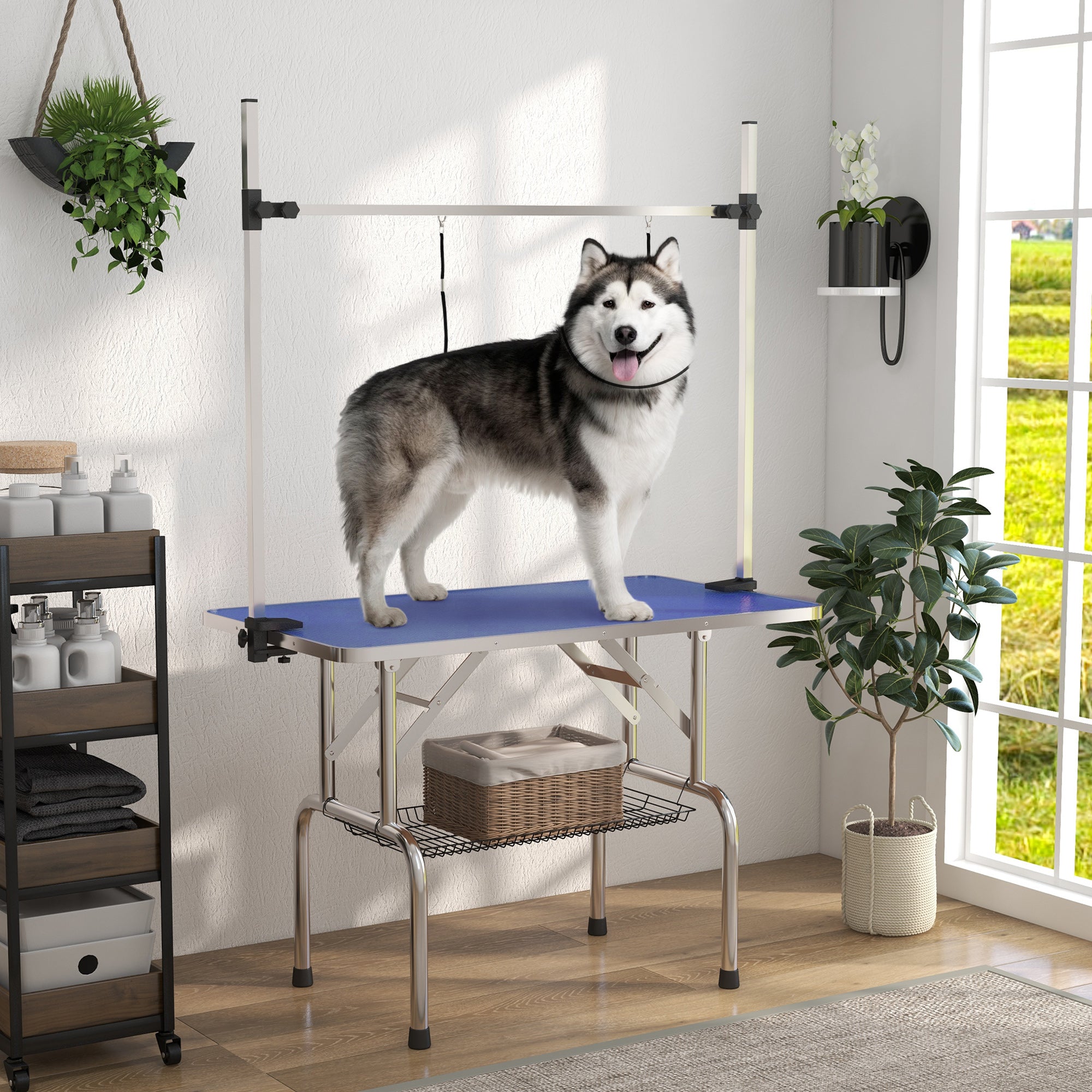 PawHut Adjustable Dog Grooming Table with 2 Safety Slings, Storage Basket, Blue