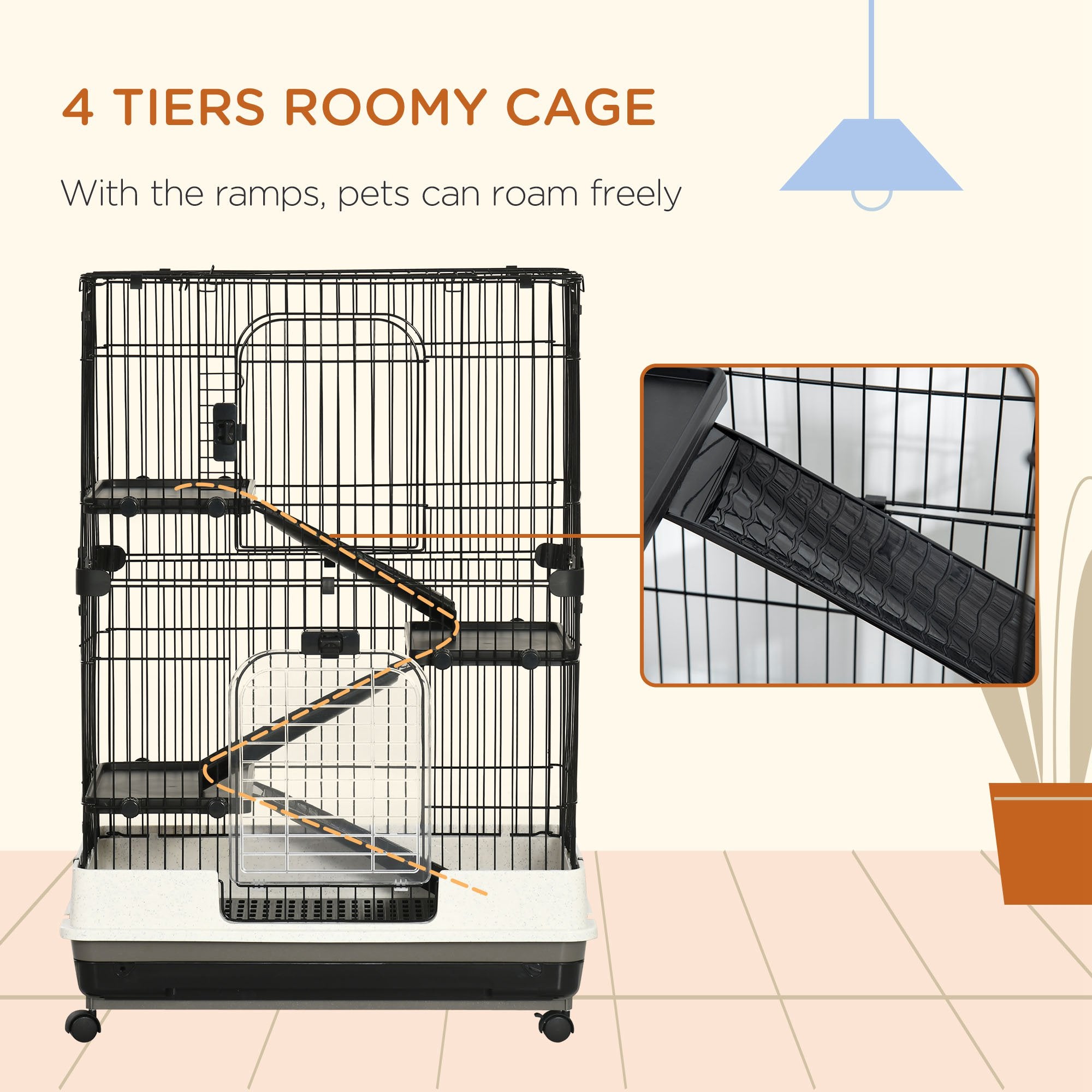 PawHut 45"H 4-Level Small Animal Cage Rabbit Hutch with Universal Lockable Wheels, Slide-out Tray for Bunny, Chinchillas, Ferret, Black