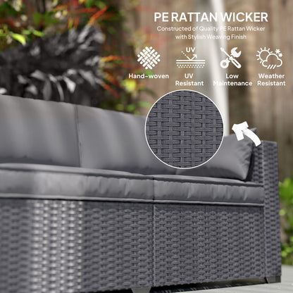 Outsunny 3 Seater Wicker Patio Sofa with Side Trays, Outdoor Couch with 6" Thick Back Cushions, Deep Seating, Grey
