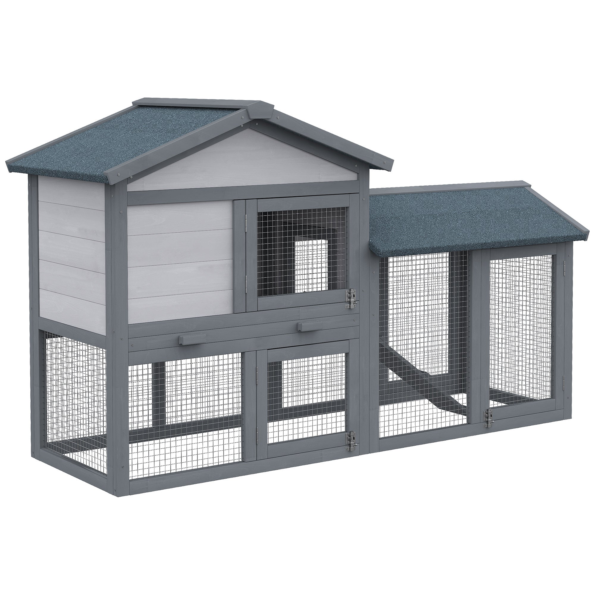 PawHut Wood Rabbit Hutch Backyard Bunny Cage Small Animal House Asphalt Roof w/ Ramp and Outdoor Run Dark Grey