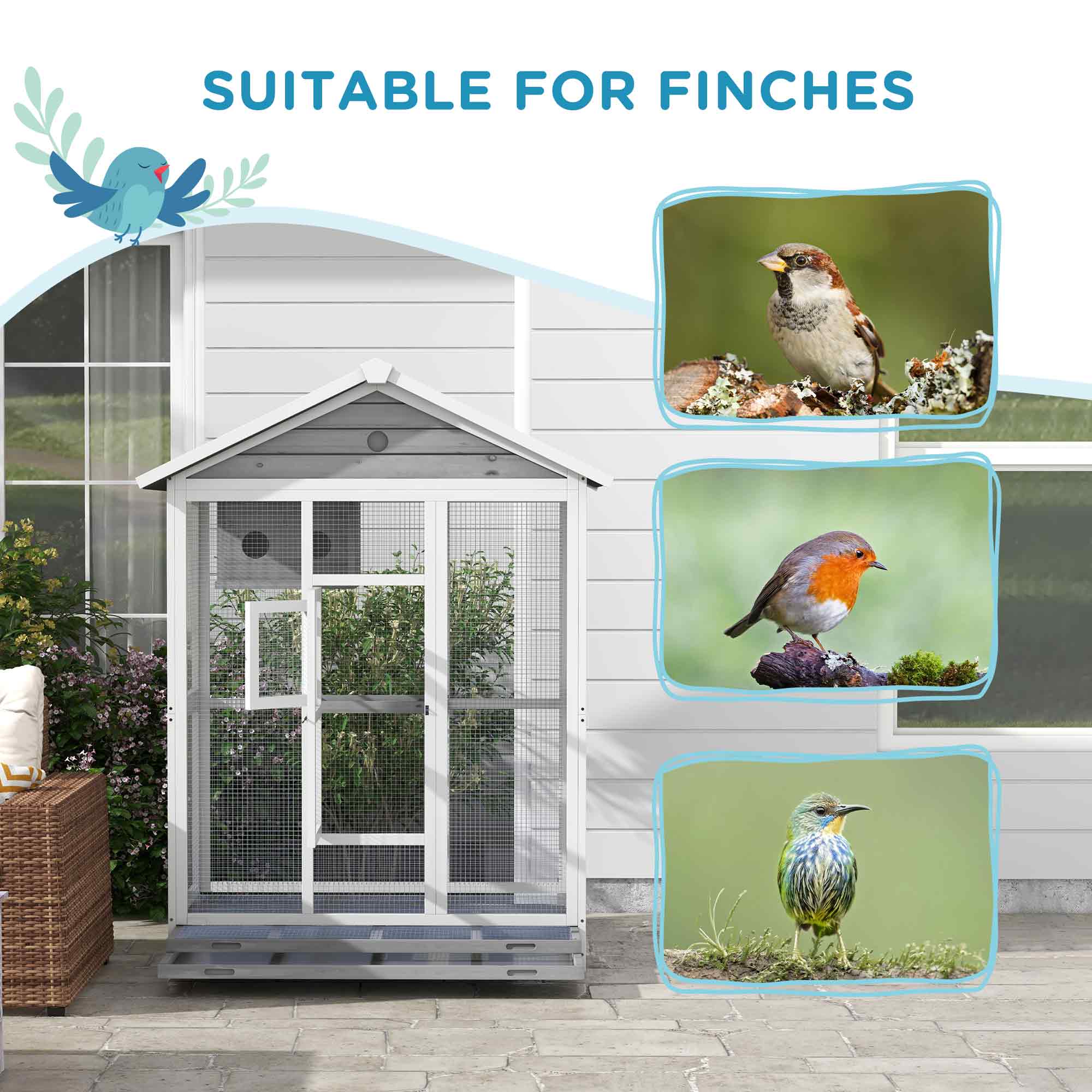 PawHut 65" Bird Cage Large 2 Doors Wooden Aviary for Canary with Standing Pole Nest Slide-out Tray, for Indoor Outdoor, Grey