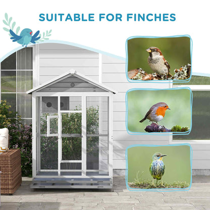 PawHut 65" Bird Cage Large 2 Doors Wooden Aviary for Canary with Standing Pole Nest Slide-out Tray, for Indoor Outdoor, Grey
