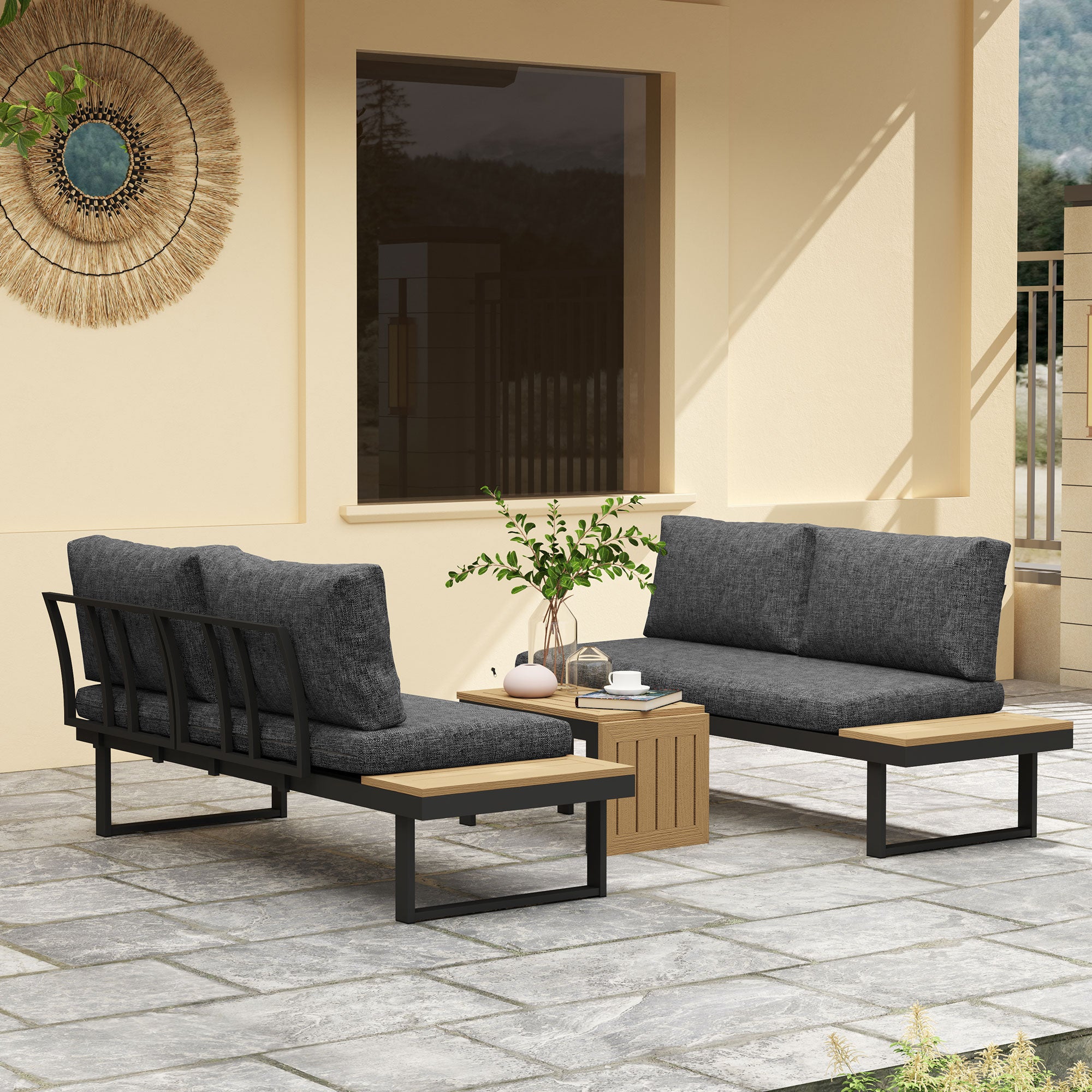 Outsunny 3 Pieces Aluminum Corner Patio Furniture Set Sectional Outdoor Sofa Set with 2 Loveseats Wood-Plastic Coffee Table Grey