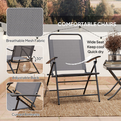 Outsunny Folding Bistro Set, Small Patio Set with Back Adjustable Chairs and Glass Top Table for Garden, Balcony, Porch, Grey