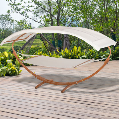 Outsunny 2 Person Wood Swing Arc Hammock Bed and Stand Set with Canopy, White/Teak